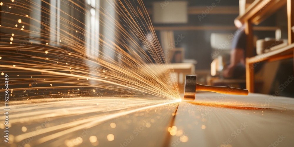 Poster a dynamic scene of sparks flying from a workshop tool. this image captures the essence of craftsmans