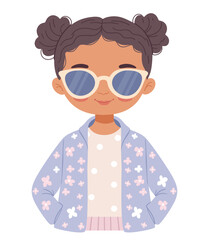 Cute stylish girl with afro curls in spring clothes. Pastel colors. Denim jacket, sunglasses and pink dress.