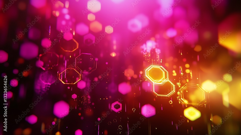 Poster abstract pink and gold hexagons: a futuristic background design with bokeh lights and geometric shap