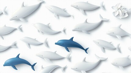 Fototapeta premium Artistic dolphins in varied shades; one stands out in blue, symbolizing uniqueness and individuality.
