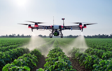 Agricultural drone hovering over a lush green field, advanced technology in agriculture. Sprays water or pesticides. Treating infestations. Clear sunny day.