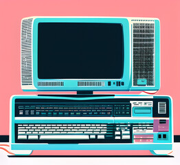 Retro 1990s style beige desktop PC computer and monitor screen and keyboard concept futurism.generative ai
