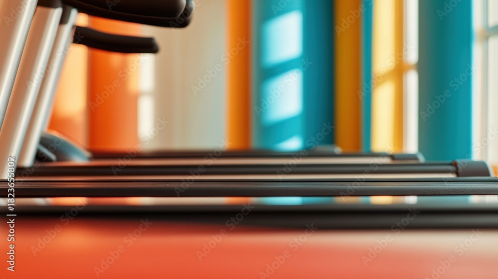 Poster minimalist high-performance fitness technology sleek treadmill array in vibrant urban wellness studi
