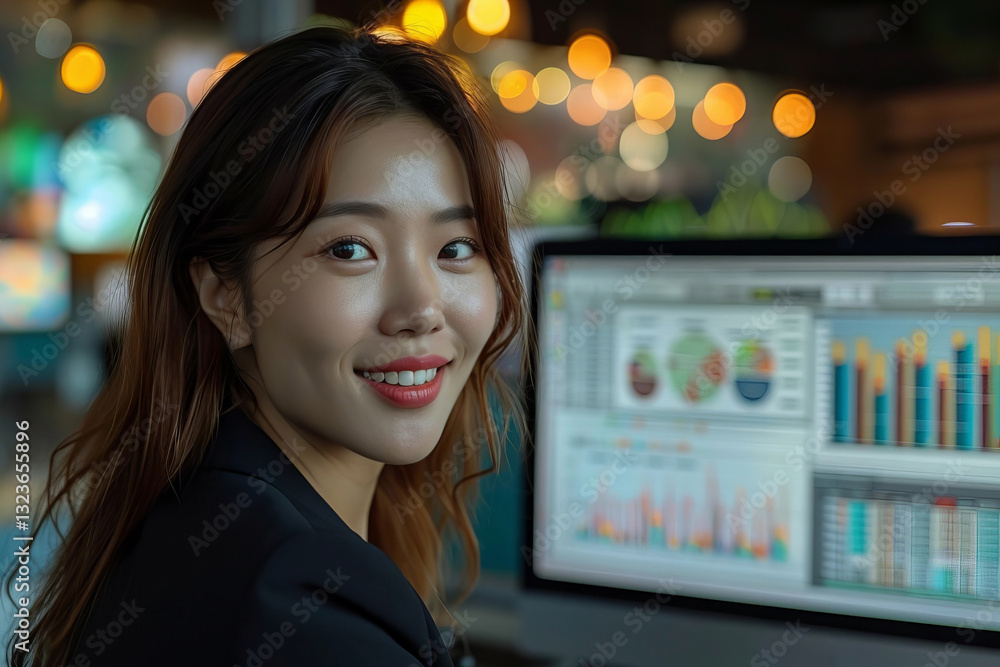 Aufkleber smiling businesswoman poses with graph displayed on computer screen