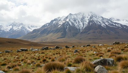 Stunning mountain landscape with grassy plains and rocky formations, nature's beauty
