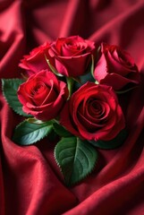 A Luxurious Bouquet of Deep Red Roses Resting on Rich Crimson Fabric, a Symbol of Passion and Elegance