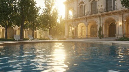 Fototapeta premium Sunlit poolside view of a grand mansion.