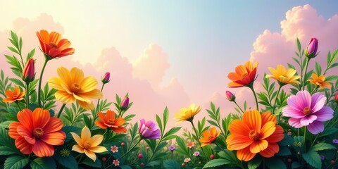 Naklejka premium Vibrant Cosmos Flowers Blooming at Sunrise in a Serene Meadow with a Pastel Sky