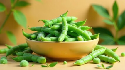 A vibrant bowl overflowing with fresh, plump, green legume pods, nestled amongst verdant foliage, presents a picture of healthy, natural goodness.