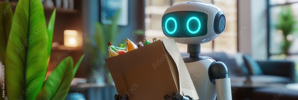 Aufkleber friendly robot delivers groceries in a futuristic smart home with advanced technology
