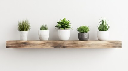 Fototapeta premium A floating wooden shelf displaying decorative items and plants.
