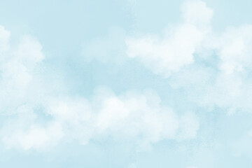 Blue sky and clouds. Natural and cloudy fresh blue sky background on seamless horizontal border. Watercolor digital illustration. Bright blue sky with fluffy white clouds on sunny day