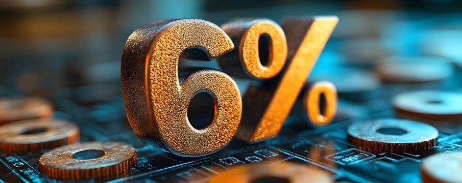 Close-up of a 3D golden percentage symbol "6%" on circuit board background. The image evokes concepts of finance, data, and technological advancements - Powered by Adobe