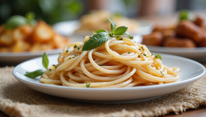 Delicious spaghetti with basil on white plate, culinary delight