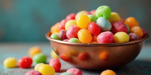 Row of colorful candies lined up in copper bowl, copper bowl, sweet treats, colorful candies