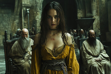 Young woman stands chained before priests during witch trial in historic setting