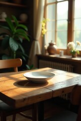 Fototapeta premium A solitary white bowl rests on a rustic wooden table bathed in warm sunlight streaming through a nearby window, creating a tranquil and inviting atmosphere in a simple room.