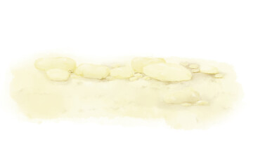 Pebbles and small stones on yellow sand. Watercolor digital illustration. Small stones, element of natural landscape, isolated on white background. River bank or desert