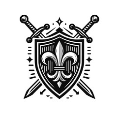Obraz premium Illustration of a Shield with Fleur-de-lis Symbol and Crossed Swords – Elegant Heraldic Design