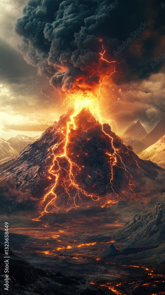Poster a massive volcano erupting with lightning, in the middle of an empty desert.