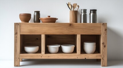 A functional pallet wood storage unit for organizing kitchen tools.