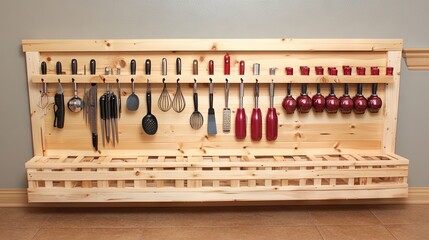 A functional pallet wood storage unit for organizing kitchen tools.