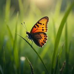 Obraz premium A delicate orange and black spotted butterfly rests on a vibrant green blade of grass in a sunlit meadow.