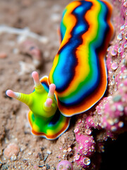 Vivid color patterns in beautiful shield slugs or snails that belong to Nudibranchia molluscs inhabiting coastal areas of the Red Sea, Sinai, Eilat, Aqaba