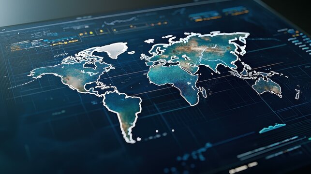 Digital world map interface displaying global data points and technological advancements.