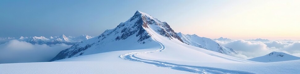 Obraz premium Serene snow-covered peak stretches towards the sky, frosty morning, frozen