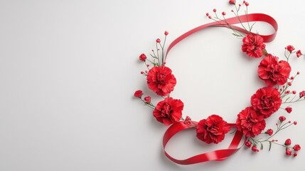 Obraz premium Elegant red floral wreath with ribbon on white background, perfect for decorative and festive themes.