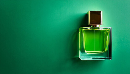 Top View of Elegant Blank Perfume Bottle Mockup with Green Liquid in a Cool Temperature. Perfume with Green Background and Natural Daylight.