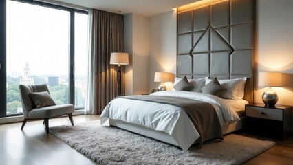 Luxurious Bedroom Suite with City View and Plush Shag Rug, Featuring a Modern Headboard and Elegant Nightstands