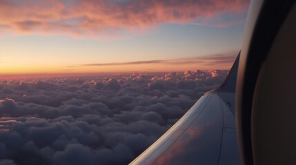 High-altitude sunset view through airplane window.  Vast cloudscape below.  Sunrise colors reflected on the wing
