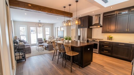 Fototapeta premium A modern kitchen with a dark-stained pallet wood island.