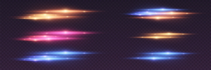 Collection of neon glares of light, laser line effect.