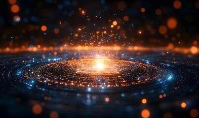 An abstract image of an orange core surrounded by a galaxy of blue glowing particles. The image evokes a sense of cosmic energy and technological innovation.