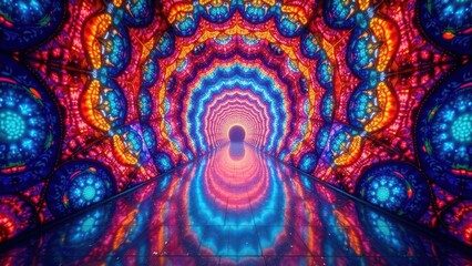 A vibrant kaleidoscopic tunnel with intricate patterns and radiant colors reflecting on a glossy floor