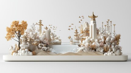 Intricate miniature landscape art with temples and trees in a serene setting, highlighting cultural elegance.
