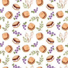 Watercolor digital seamless pattern with coocies,berries, marshmallow and green leaves on white background