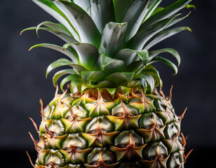 Fototapeta premium A perfect pineapple shown in profile with spiked texture and green leaves emphasizing its unique form