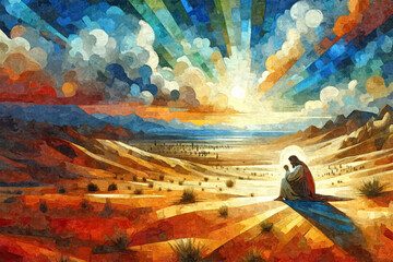 Jesus Christ, Praying and Fasting in the Wilderness Desert Painting Art