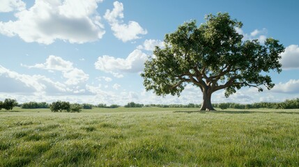 Fototapeta premium Lone tree in a vast green field under a bright blue sky with scattered clouds, conveying serenity and openness.