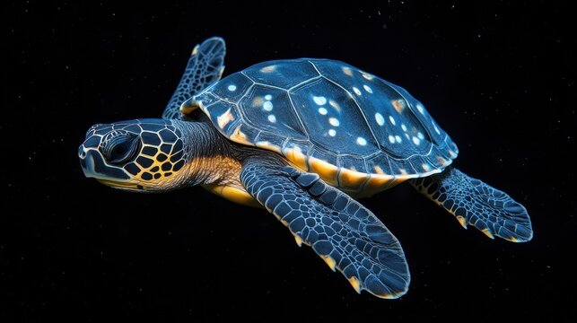 A tiny, speckled turtle, its shell adorned with intricate patterns, floats gracefully against a transparent backdrop, a symbol of tranquility and innocence, ready to embark on its own aquatic