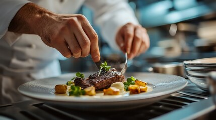 Chef preparing, finishing a dish with meat on a plate, The chef is meticulous.