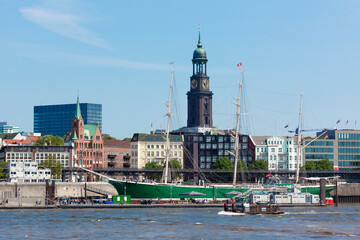 Hamburg waterfront with famous Michel church and Rickmer Rickmers museum ship