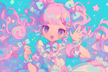 ポップアートスタイルのロリータガール。カラフルでキュートなイラスト