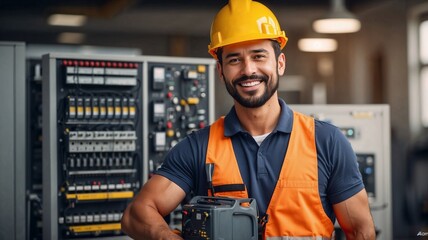Male electrical engineer with hard hat and reflective vest in a server room with electrical panels.