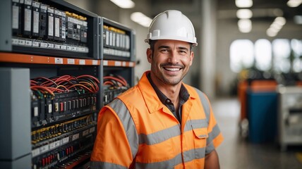 Male electrical engineer with hard hat and reflective vest in a server room with electrical panels.