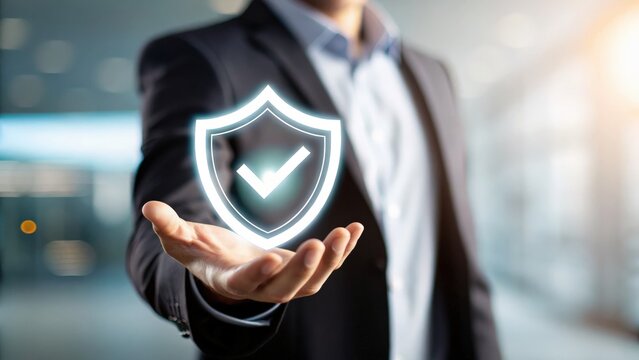 protect prevention policy concept. Businessman holding a digital shield symbolizing security and trust.